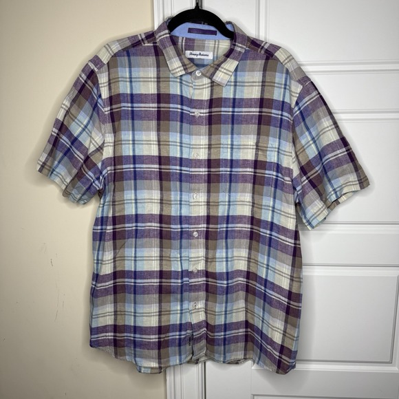 Tommy Bahama Linen Blend Shirt Men's Size Large Purple Beige Plaid Short Sleeve - Picture 2 of 7